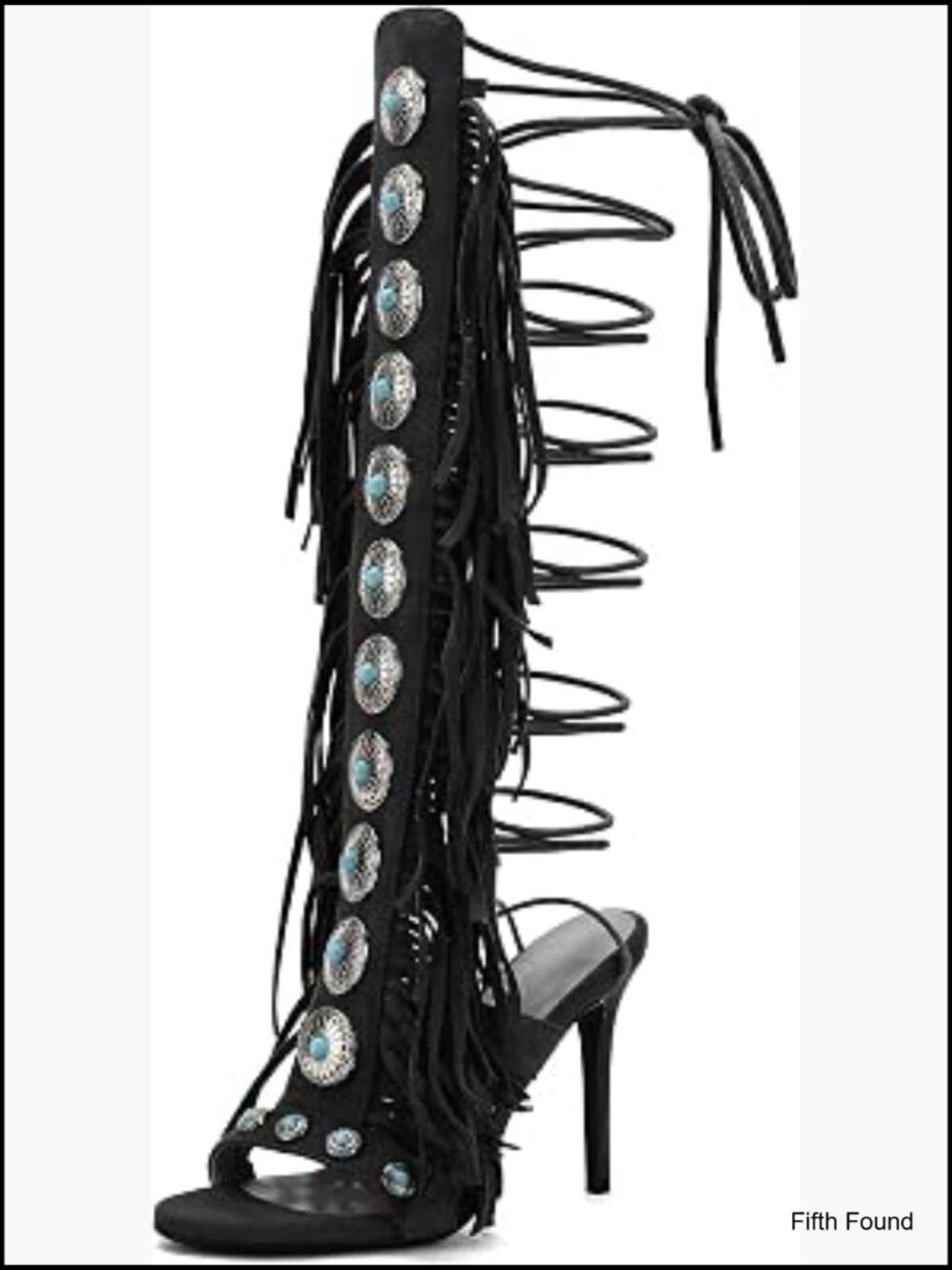 Gladiator Heels Knee High Open Toe Stiletto Fringe Lace Up Strappy Sandal Boots